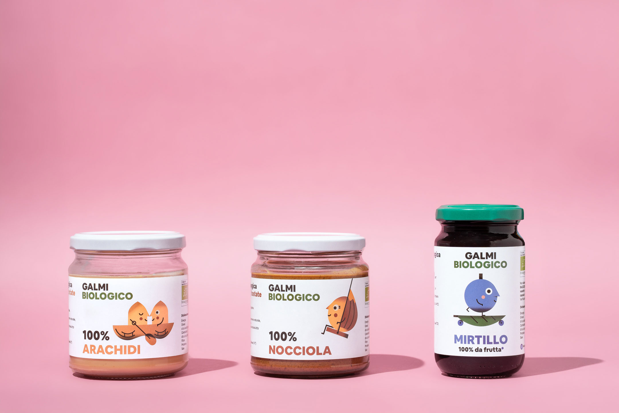 Organic peanut spread, organic hazelnut spread and organic blueberry jam